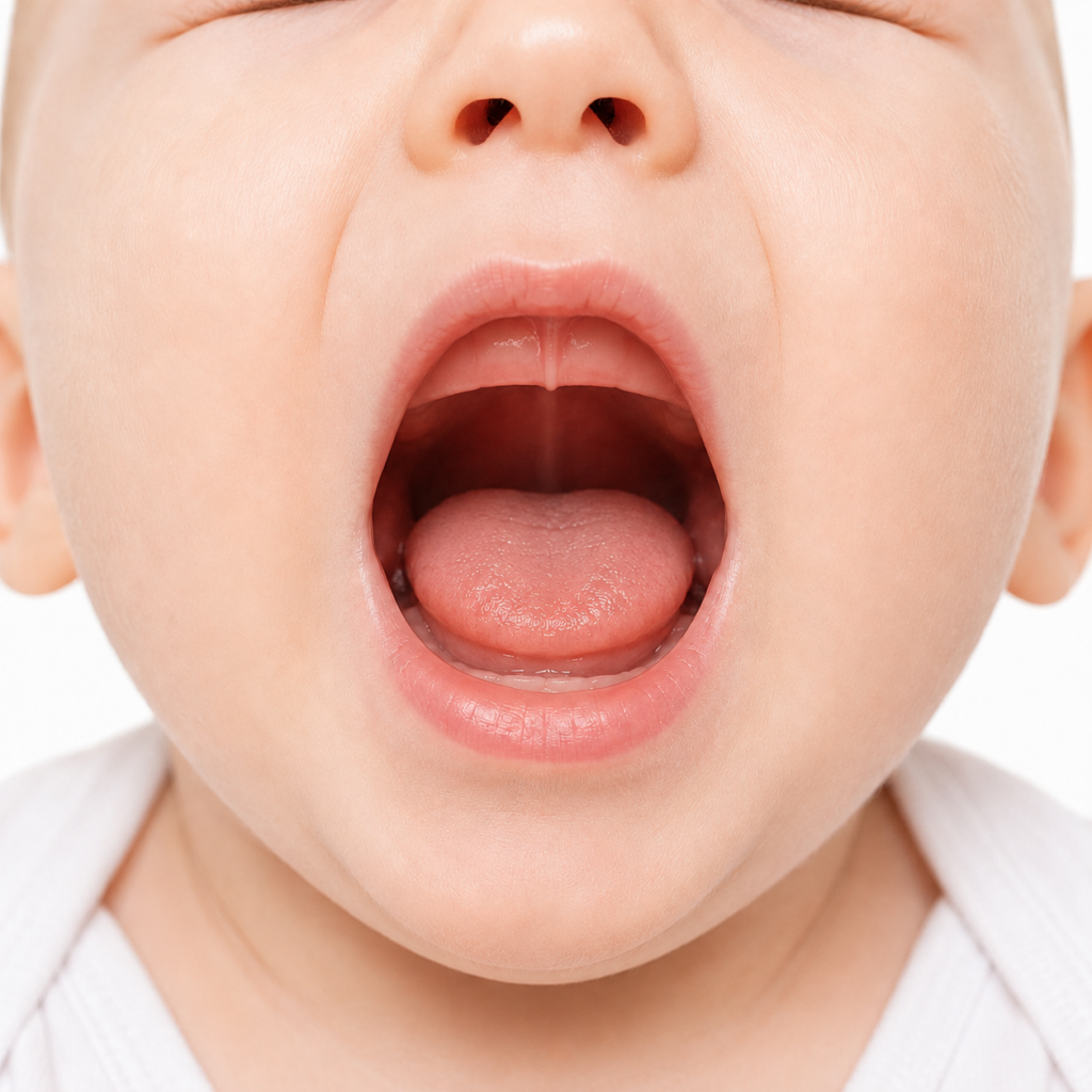 Geöffneter Babymund mit sichtbarer Zunge, Zungenbändchen, Lippenbändchen und Frenulum zur Beurteilung der Mundfunktion.