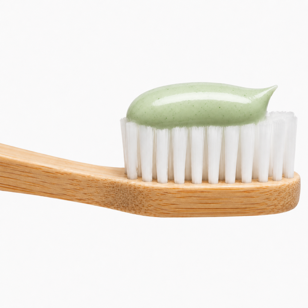 Natürliche Holzzahnbürste mit Zahnpasta als Alternative zu Fluorid, mit Theobromin und Hydroxylapatit zur Unterstützung der Remineralisierung.